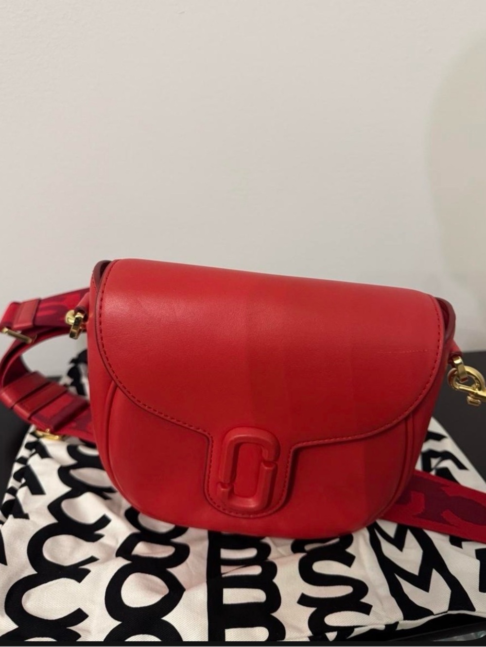 Marc Jacobs Red Leather Crossbody Saddle Bag with Logo Accent and dust bag